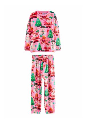 Ensemble de pyjama sur le thème de Noël en tissu rose doux, arborant des motifs de Père Noël, de bonhommes en pain d'épices, de cannes en sucre et de sapins de Noël.