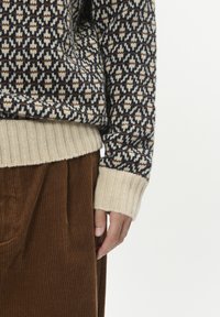 Osoba nosi džemper s uzorkom, s bež rukavima i rubovima, uparen s smešnim kordura hlačama, ruka opuštena uz tijelo.