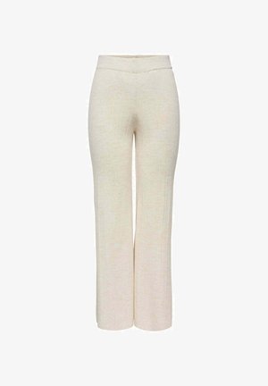 Široké nohavice z svetlo béžovej tkaniny s rebrovanou textúrou, s vysokým pásom. Dizajn je jednoduchý a nezdobený.
