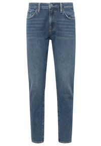 Jeans de mezclilla azul con pierna ajustada, cinco bolsillos y un suave desvanecimiento. Presentan un cierre de botón y passadores en la cintura.