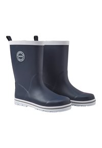 Bottes de pluie en caoutchouc bleu marine avec un revêtement blanc sur le haut et la semelle. Texture lisse, bout arrondi, semelle extérieure avec une adhérence durable et un logo circulaire sur le côté.