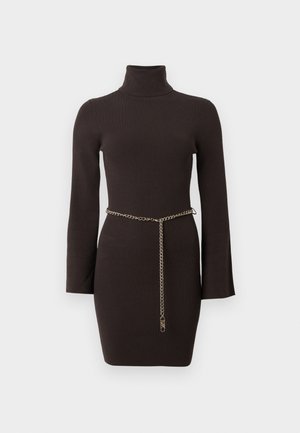Ribbed, fitted brown dress with a high neck and long sleeves. Features a gold chain belt accentuating the waist.