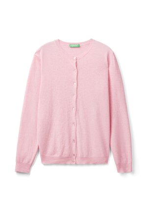 Cárdigan rosa claro de botón con mangas largas, cuello redondo y puños y dobladillo de canalé.