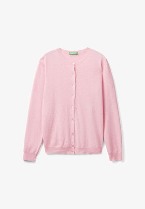 Hellrosa Button-Up-Strickjacke mit langen Ärmeln, rundem Halsausschnitt und gerippten Bündchen sowie Saum.