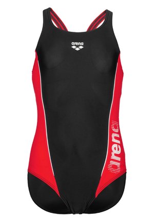 Maillot de bain arena noir et rouge avec un design ajusté, doté de fines bretelles rouges, d'accents blancs et d'un graphique "arena" sur le côté.