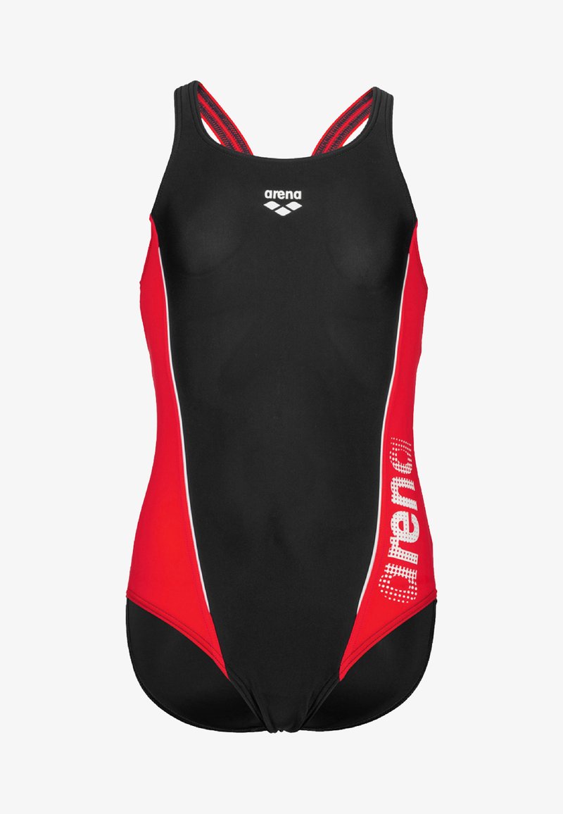 Schwarzer und roter Arena-Schwimsuit mit taillierter Passform, schmalen roten Trägern, weißen Akzenten und „arena“-Grafik an der Seite.
