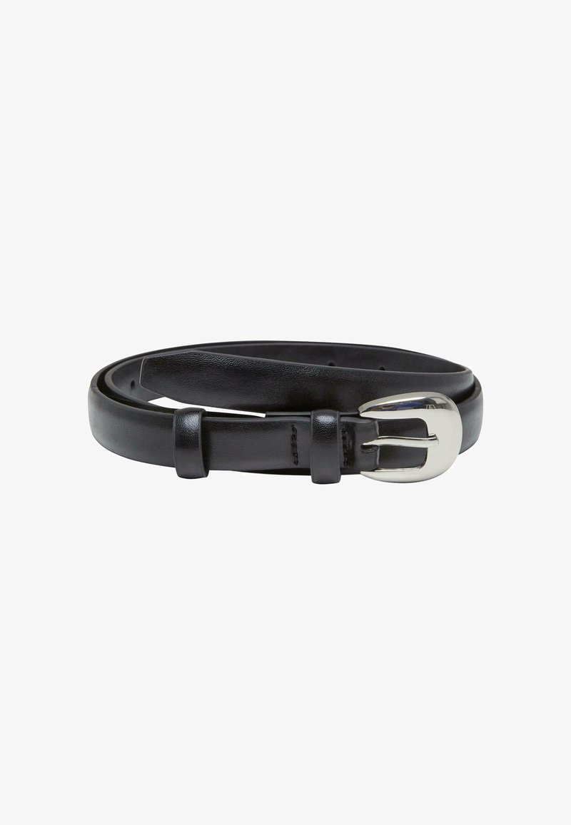 Black leather belt with a shiny silver buckle. Features smooth texture, multiple holes for adjustment, and minimalist design.