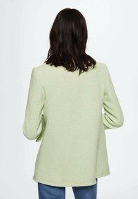 Jasnozielona, teksturowana marynarka o luźnym kroju, z postrzępionym dołem i długimi rękawami. Tył gładki z subtelnym przeszyciem.