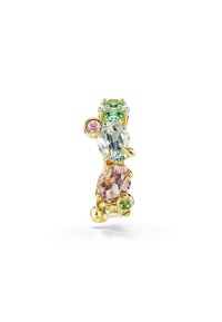Gold-tone ring featuring multiple multi-faceted gemstones: clear, pink, green, and orange, arranged in a clustered design with wire accents.