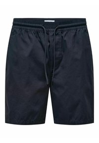 Pantaloni corti casual da uomo blu navy con vita elastica e cordino nero, lunghezza al ginocchio, tessuto leggero, senza fantasie o loghi.