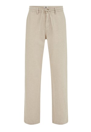 Beežid sirge lõikega püksid elastse vöö ja reguleeritava nööriga, valmistatud pehmest, tekstuuriga kangast.