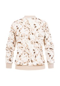 Sweat-shirt beige et marron à manches longues avec motif floral, poignets, col et bas côtelés, vu de dos.