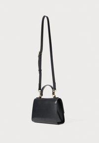 Black leather rectangular shoulder bag with top handle, adjustable long strap, and subtle logo on front against white background.