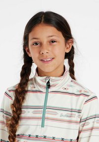 Fleece half-zip top in crème met meerkleurige geometrische patronen, opstaande kraag en contrasterende ritsdetails, met een logo op de borst.