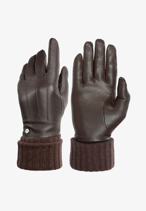 Brune læderhandsker med teksturerede brune strikkede manchetter. Har syede detaljer på håndfladerne og et lille metalaccent på håndleddet.