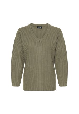 Tamsiai žalia mezginė megztinis su V formos iškirpte, ilgomis rankovėmis ir raukšlėta tekstūra. tiesus apatinis kraštas ir šoninės išpjovos patogiam judėjimui.