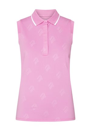Polo shirt senza maniche di colore rosa con colletto, caratterizzato da un sottile motivo a logo ripetuto e piping bianco lungo il colletto e le aperture per le braccia.