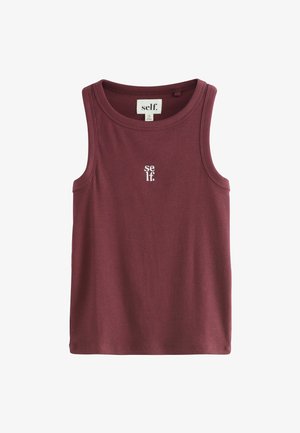 Ärmelloses, geripptes Tanktop in Dunkelrot mit rundem Halsausschnitt und weißem "self."-Logo auf der Vorderseite.