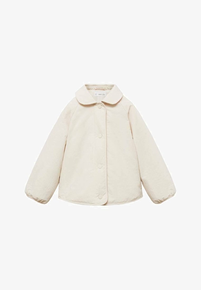 Bleda krema podložena jakna s zaobljenim ovratnikom, prednjim gumbima in elastičnimi manšetami, s teksturiranim finišem tkanine.