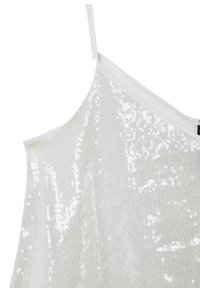 White sleeveless top with thin straps covered in shiny, reflective sequins creating a sparkling texture.