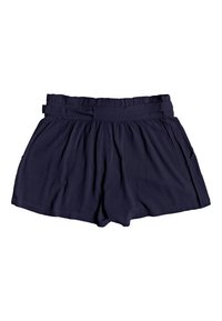 Granatowe spodenki wykonane z lekkiego materiału, z plisowanym wzorem, elastycznym pasem i bocznymi kieszeniami.