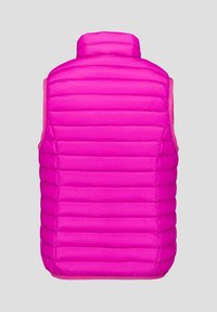 Roze gewatteerd bodywarmer met een hoge kraag en horizontale doorgestikte lijnen. Soepele textuur met een aansluitend silhouet. Geen zichtbare sluitingen.