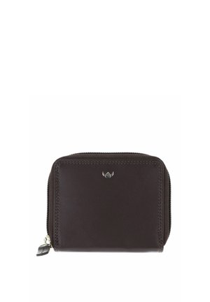 Dark brown leather zip-around wallet with small silver emblem centered on front and leather zipper pull tab.