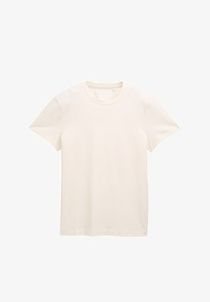 Cremefarvet bomulds-t-shirt med korte ærmer, rund halsudskæring og et let struktureret stof. Ingen synlige mønstre eller grafik.