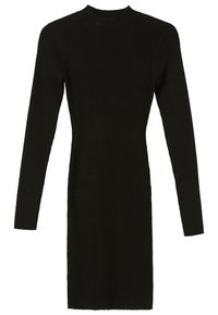 Svart stickad klänning med lång ärm, ribbad textur, figurnära siluett och hög halsringning, designad för en strömlinjeformad look.