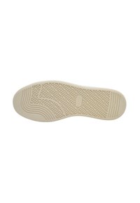 Rubber shoe sole, beige color, textured surface with patterns of grooves and lines for traction, slightly raised edges along perimeter.