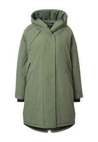 Parka verde con cappuccio, caratterizzata da un taglio dritto, tasche laterali e dettagli scuri nei polsini. Tessuto leggero e testurizzato.