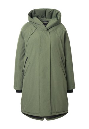 Groene parka-jack met capuchon, met een rechte snit, zijzakken en donkere accenten bij de manchetten. Getextureerde, lichtgewicht stof.
