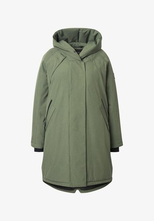 Grøn parka-jakke med hætte, der har en lige skæring, sidelommer og mørke accenter ved manchetterne. Struktureret, letvægtsstof.