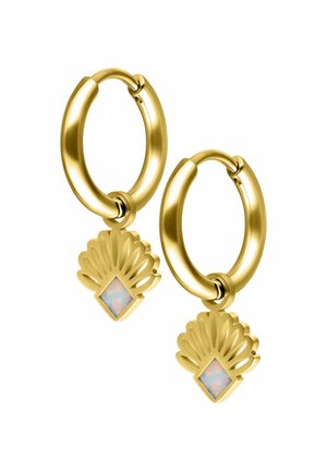 Gold hoop earrings feature a shell-shaped accent with a square opal gemstone. The design includes smooth metal and a textured detail on the shell.