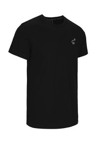 T-shirt nera a maniche corte in cotone, con scollatura rotonda e un piccolo logo bianco sul petto. Tessuto liscio, vestibilità regular.