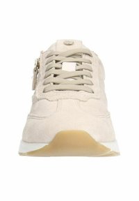 Sneaker in suede beige con lacci frontali, zip laterale e suola in gomma bianca. Presenta una tomaia texturizzata e un design minimalista.