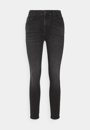 Černé skinny džíny s hladkou strukturou, designem s pěti kapsami a knoflíkovým zapínáním v pase.odolný denimo materiál.