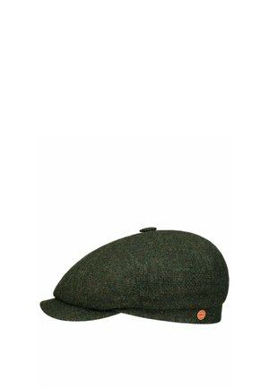 Dark green tweed flat cap with small button on top and a small round orange logo tag on the side.