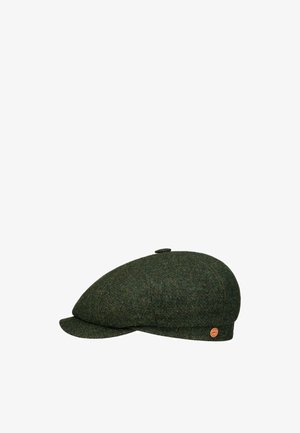 Dark green tweed flat cap with small button on top and a small round orange logo tag on the side.