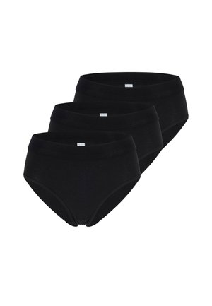 Drei schwarze Baumwoll-Slips im Brief-Stil, leicht überlappend in einer Reihe auf weißem Hintergrund angeordnet.