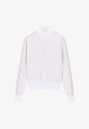 Veste blanche zippée avec un motif beige subtil, col, poignets et ourlet côtelés, et des bandes beiges sur les manches, avec deux poches frontales.