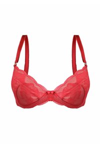 Czerwona koronkowa biustonosz z kwiatowym wzorem, wsparciem z fiszbinami, satynowymi ramiączkami oraz małym kokardkowym detalem na środku. Przezroczysta konstrukcja i miękka tekstura.