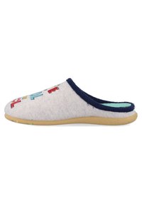 Zapatilla deslizante de lino en gris claro, con un colorido diseño bordado, ribete azul marino y una suela de goma texturizada con motas.