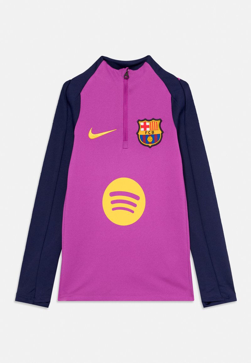Ilgais rankovės purpurinis ir tamsiai mėlynas FC Barcelona treniruotės marškinėlis su geltonu Nike swoosh ir Spotify logotipu, su ketvirčio užtrauktuku ant apykaklės.