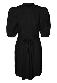 Schwarzes Kleid mit hohem Kragen, kurzärmeligen Puffärmeln, gebundenem Taillenbereich und Knopf-Front. Hergestellt aus einem glatten, leichten Stoff.