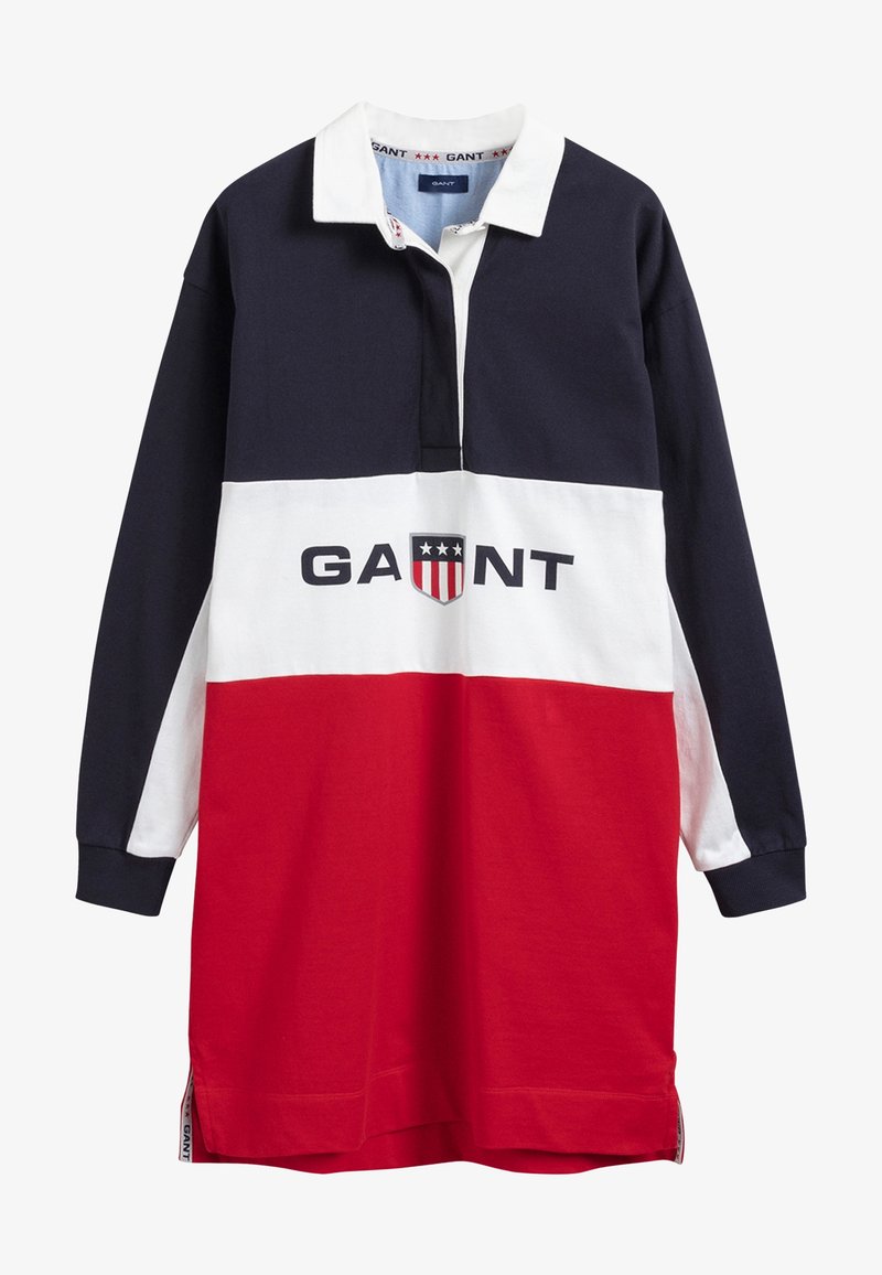 Baumwollkleid im Rugby-Stil mit einem Blockfarbendesign in Marineblau, Weiß und Rot. Mit Kragen, Knopfleiste und Logodetail.