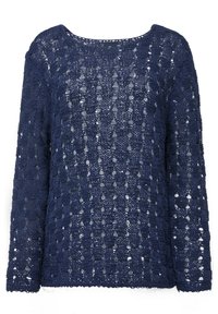 Dunkelblauer Strickpullover mit lockerer Maschenstruktur, langen Ärmeln, rundem Ausschnitt und strukturiertem Muster mit Lochdetails.