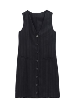 Abito nero senza maniche con righe verticali, scollo a V, chiusura con bottoni, due tasche frontali e una superficie in tessuto liscia.