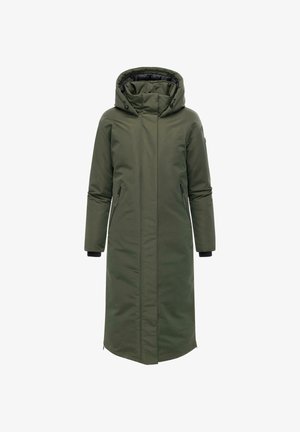 Palton pufos lung, de culoare verde măslin, cu glugă, fermoar frontal și buzunare laterale. Dispune de manșete ribelate și o textură exterioară netedă.