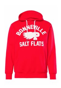 Felpa con cappuccio rossa in misto cotone, con stampa grafica bianca "Bonneville Salt Flats" e un design alato. Include una tasca frontale e coulisse.